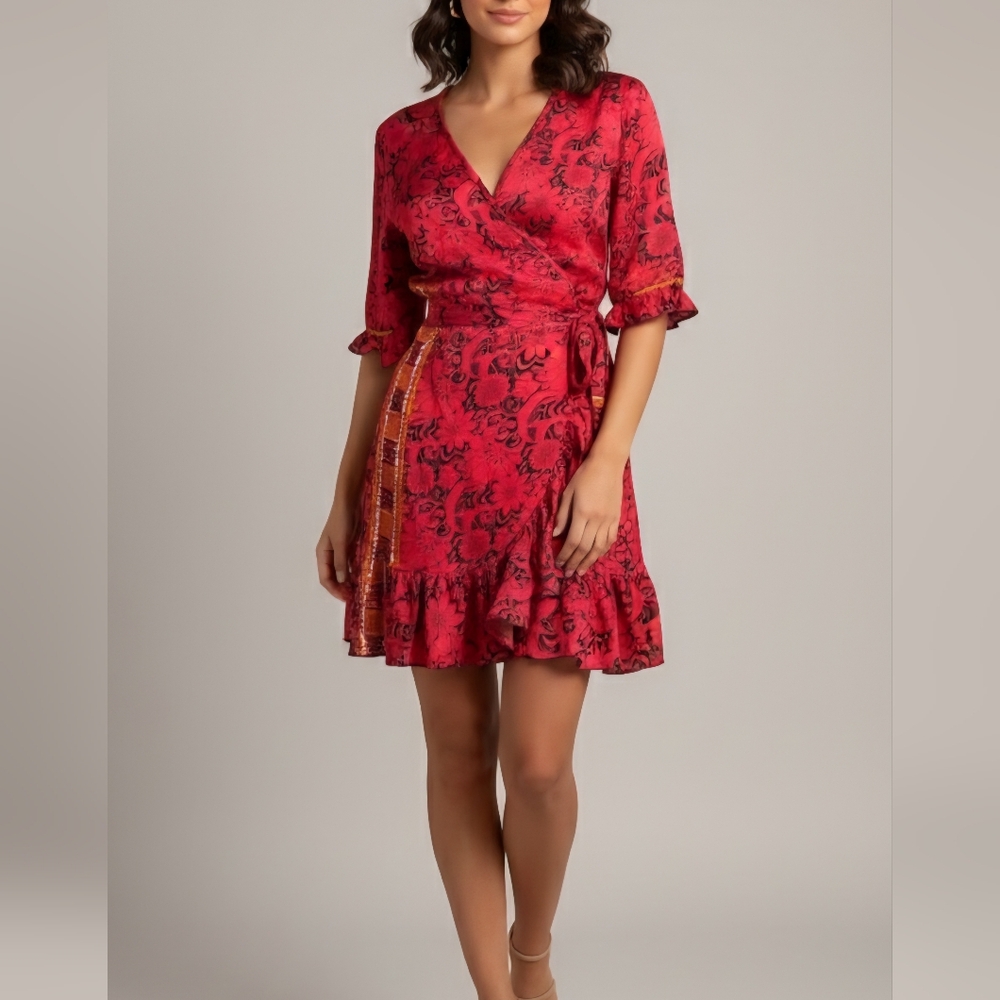🍓NEW Without Tags Viscose Burgundy/Red Wrap
Ruffle Dress,